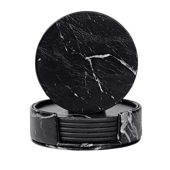 

Coasters for Drinks 6-Piece with Holder,Marble Black Round Cup Mat Pad Set Of Home and Kitchen Use