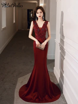 

Wine Red Mermaid Prom Dresses 2020 Sexy V-neck Shoulder Straps Beading Appliques See Through Back Long Celebrity Dresses
