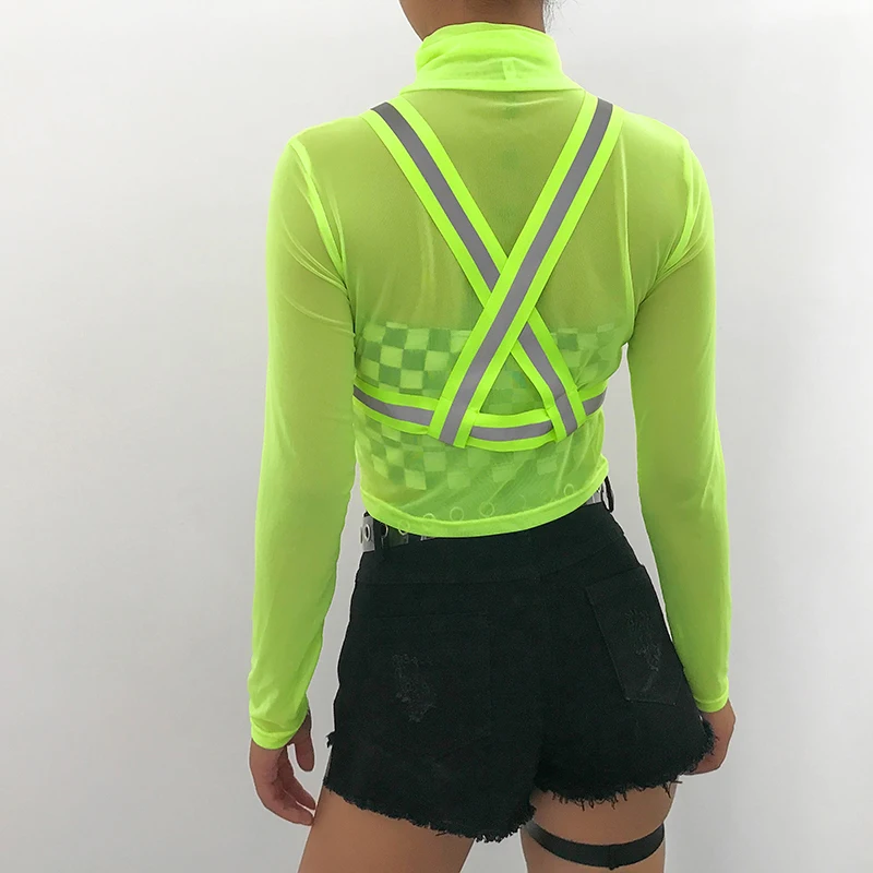 Darlingaga прозрачный неоновый сетчатый топ Женская футболка Водолазка с длинным рукавом Базовая футболка неоновый зеленый сексуальный укороченный Топ Футболка уличная одежда