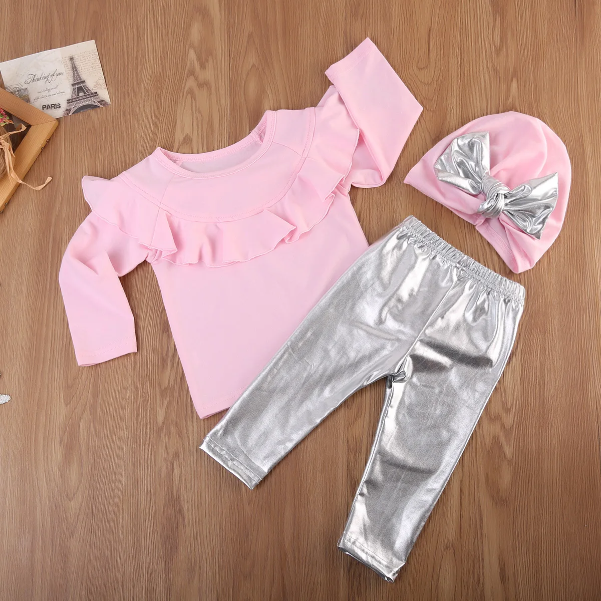 Ruffled Collar Long sleeve Tee Shirt And Pant 3pcs Set with Hat For Baby Girl Clothes