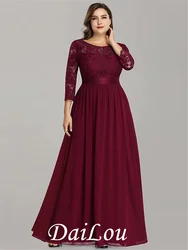 A-Line Mother of the Bride Dress Plus Size Jewel Neck Floor Length Chiffon Lace 3/4 Length Sleeve with Lace 2021