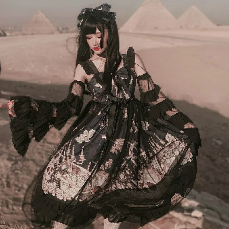 Japanese Gothic Jsk Lolita Dress Women Vintage Victorian Sleeveless Bow Princess Tea Party Dresses Girls Chic Print lolita dress