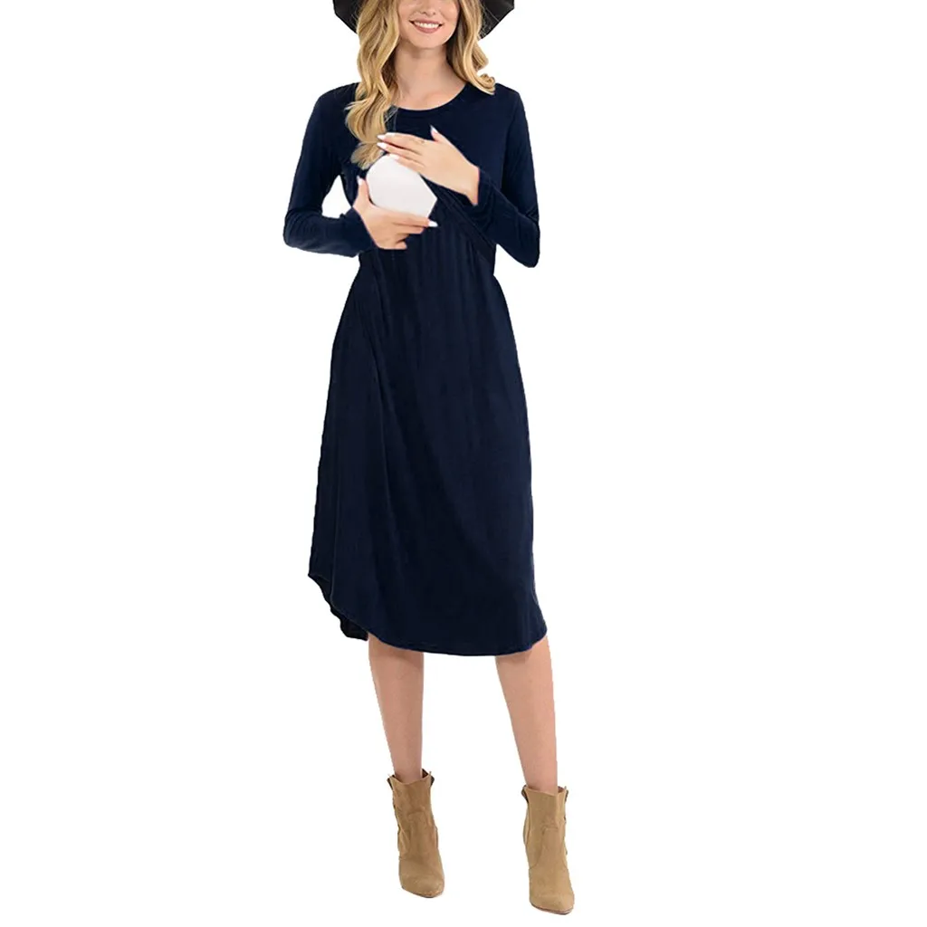 

Women Maternity Long Sleeve Solid Nursing Sleepwear Dress For Breastfeeding Multifunctional Nursing Dress Pajamas L1226