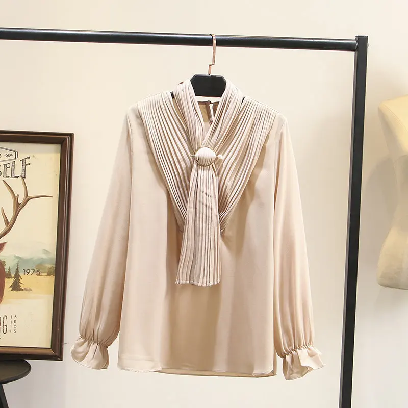 

Retro Large Size WOMEN'S Blouse 2020 Spring And Summer New Style Trumpet Long Sleeve Solid Color Pleated Bowtie Shirt W3-1048