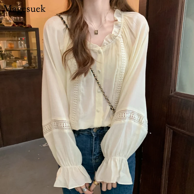 

Oversized Spring Ruffles Chiffon Shirt Women Korean Vinatge Hollow Out Lace Long Sleeve Blouse Women Fashion Tops Blusas 14685