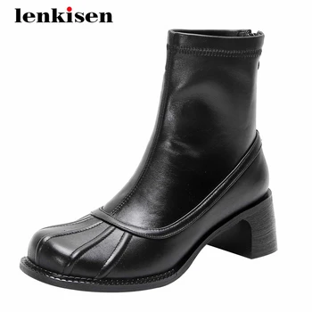 

Lenkisen stretch boots genuine leather streetwear modern thick high heel round toe zipper beauty lady keep warm ankle boots L20