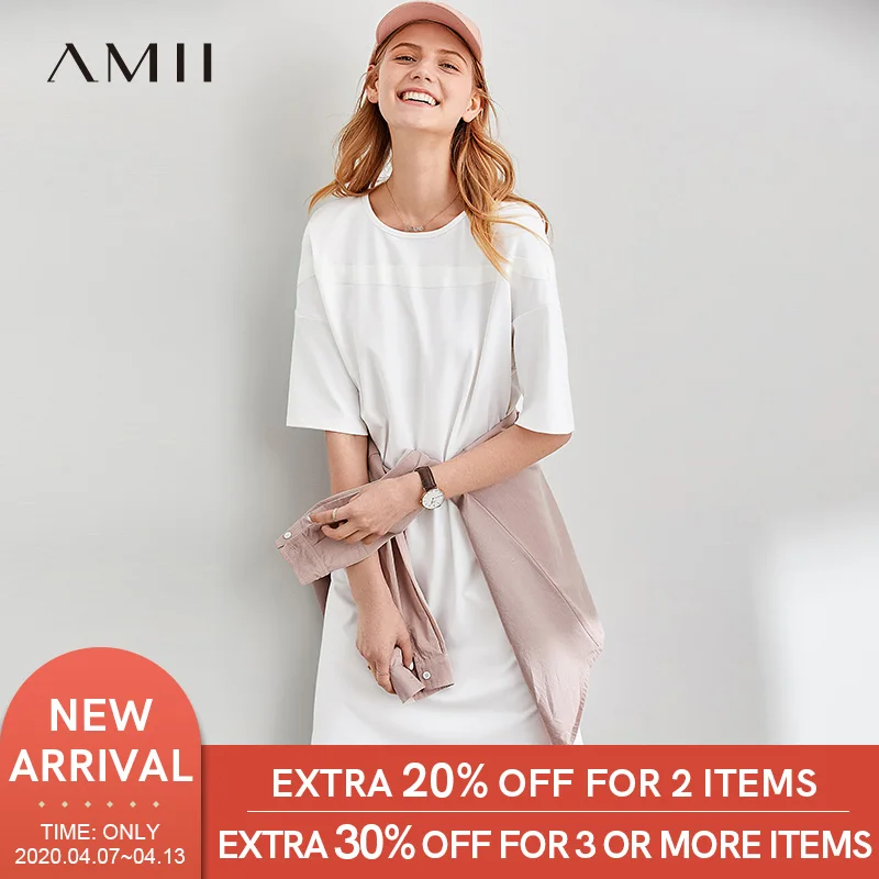 

AMII Summer Holiday O Neck New Style Casaul Mid Long Style Female Dress Pure Color Short Sleeves 11970315