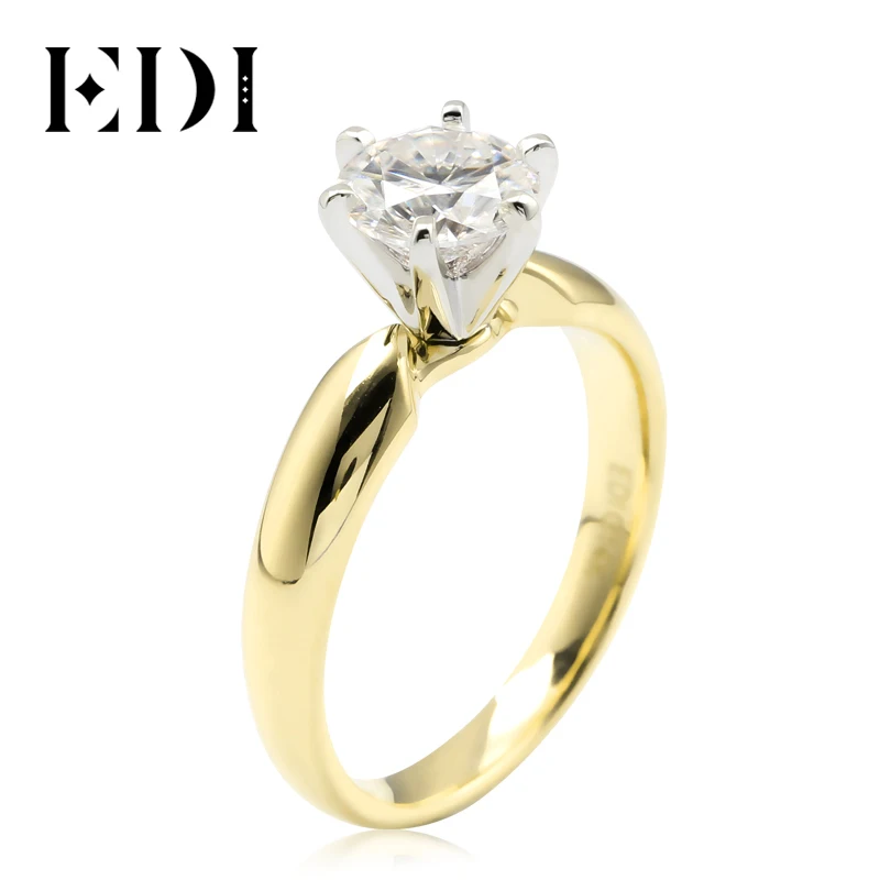 EDI 1ct D/VVS бриллиантовое кольцо с круглым муассанитом для женщин 14k 585 Желтое золото