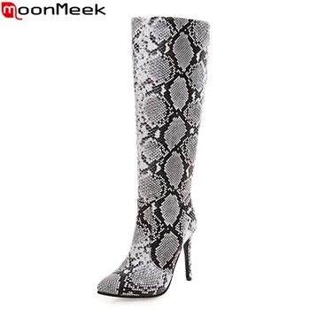 

MoonMeek 2020 Big size 34-43 winter knee high boots stiletto high heels pointed toe shoes woman fashion snake women boots