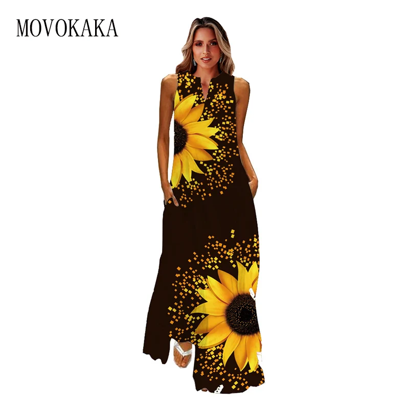 MOVOKAKA Fashion Sunflower Printed Dress 2021 Black Casual Elegant Long Dresses Summer Woman