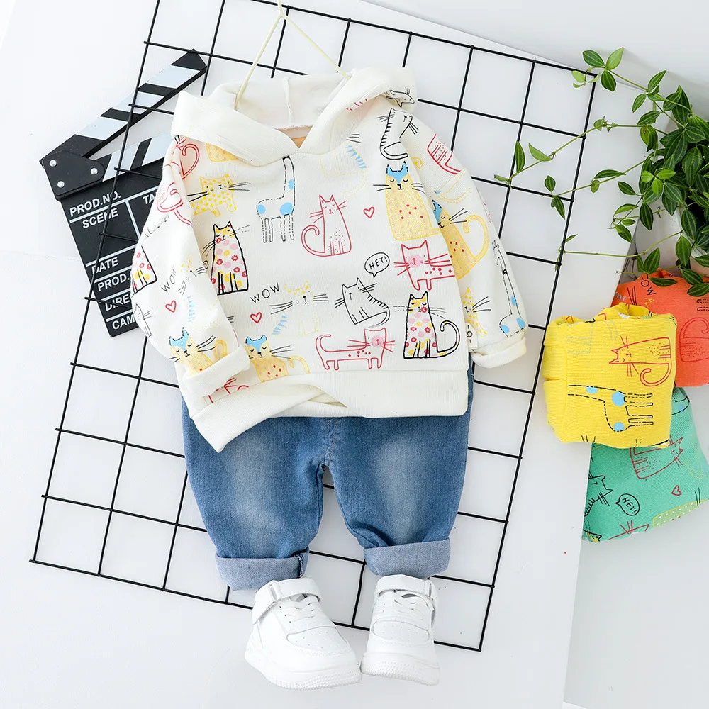 

Toddler Girls Clothes Boys Clothing Hooded Top + Jeans Fashion Cut Kids Cat Children Clothes Suit Printed Orange