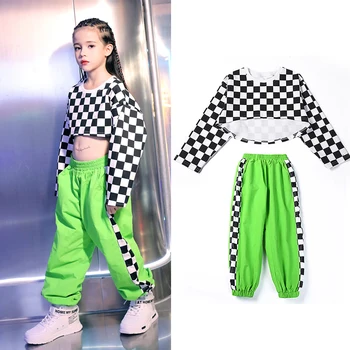 

New Modern Hip Hop Dance Costumes For Kids Girls Jazz Dance Practice/performance Clothes Child Street Dance Plaid Tops DQL3173