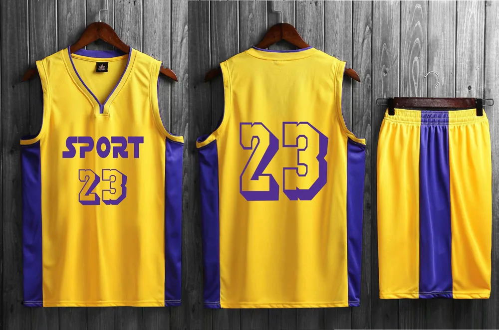 Спортивные желтые баскетбольные наборы 23# для взрослых и детей, баскетбольная форма на заказ, баскетбольные командные комплекты, мужские спортивные костюмы для колледжа