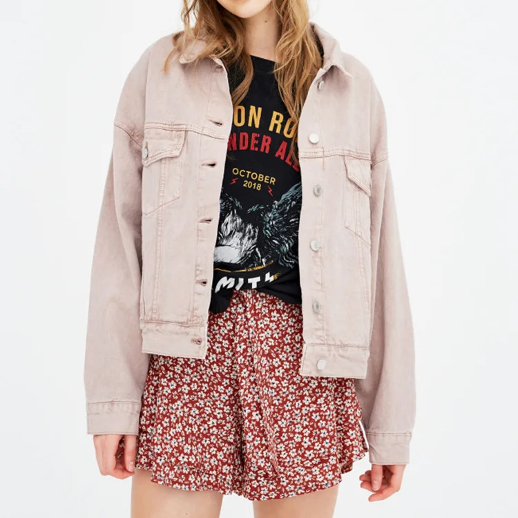 

Overplus of Goods Exported to Europe And US Women's Autumn Basic Men's Loose-Fit Retro Pink Denim Jacket Solid Color Washing Coa