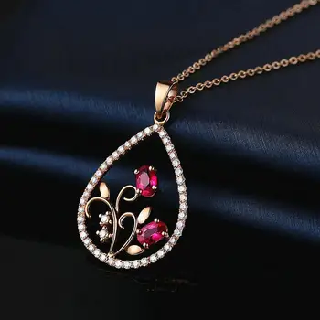 

Vintage carving water drop ruby gemstones diamonds pendant necklaces for women red crystal rose gold tone choker jewelry gifts