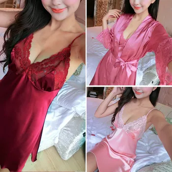 

Bathrobe Evening Dress Sexy Lingerie Pajamas Women Underwear Lingerie Dress Underwear Lace Sheer Long Night Dress Sleepwear Robe