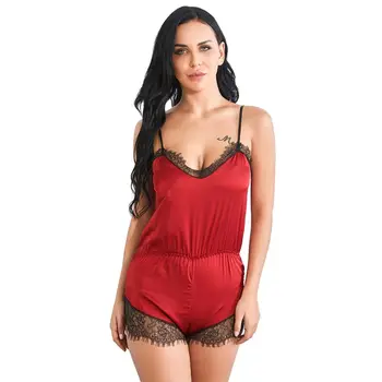

Womens Imitation Silk One Piece Lingerie Rompers Sexy Eyelash Lace Trim Sleeveless Sleepwear Backless Short Babydoll Nightwear