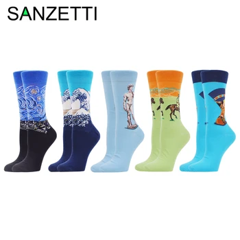 

SANZETTI Literary Women's Socks Cute Combed Cotton Novelty Fresh Oil Painting Pattern Design Happy Fun Wedding Party Gym Socks