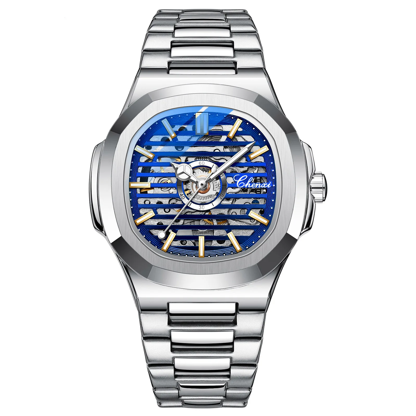 Blue Color Square Automatic Mechanical Watch Men Stainless Steel Classic Casual Luminous Pointer Selfwind CHENXI Brand Watches зонт xiaomi zuodu full automatic umbrella led blue