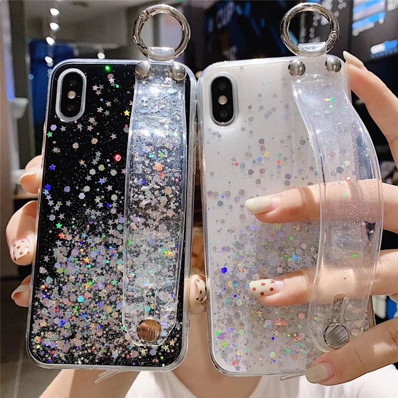 

LOVECOM Luxury Glitter Bling Sequins Case For iPhone XR XS Max 6 6S 7 8 Plus X Hot Wrist Strap Transparent Soft Phone Back Cover