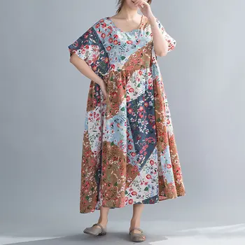 

BIG SIZE 4XL Summer Women Fashion Elegant Flower Spliced Tops Female Lady Plus Large Short Sleeve Long Cotton Linen Casual Dress