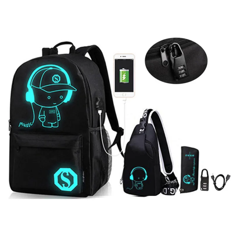 Lock Daypack Usb-Charging-Port School-Bag Oxford Shoulder Anime Girls Luminous with And