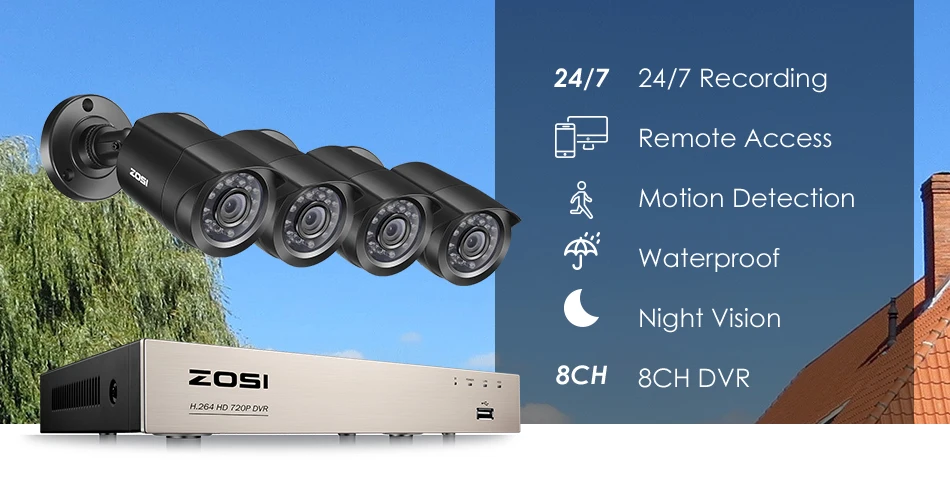 ZOSI 8CH CCTV система 4 шт 720 p/1080 p наружная Водонепроницаемая камера безопасности DVR комплект День/Ночь домашняя система видеонаблюдения