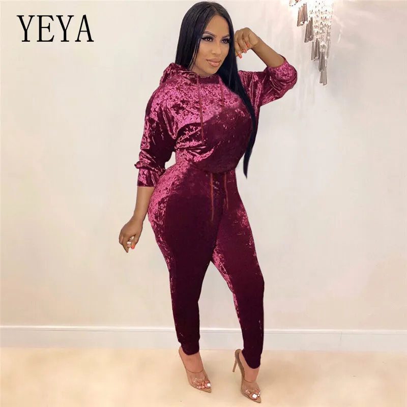 

YEYA Velour 2 Piece Outfits Women Long Sleeve Hooded Top and Pencil PantsTwo Piece Set Autumn Tracksuit High Street Lounge Wear