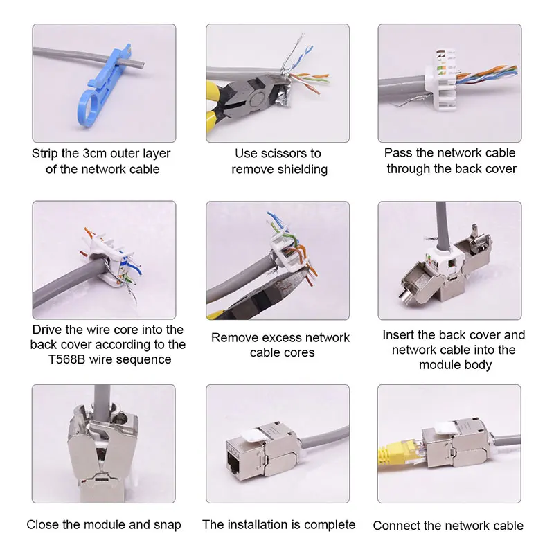 Ferramenta-menos Stp Blindado Keystone Jack Módulo Auto-locking Cat7 Cat6a Cat6 Cat5e Rede de Liga de Zinco Adaptador Acoplador Onti-rj45 Cat8 - Imagem 2