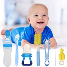 4 шт. набор инструментов для губки с зажимом губка соломенная щетка для сосков+ 3 шт. детское питание корм комплект с бутылочка с соской ложкой синий