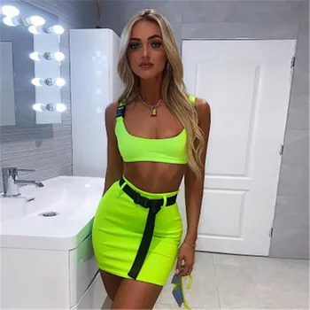 

Buckle camis skrit 2 two-piece set 2020 summer women's fashion belt patchwork neon green streetwear casual suit