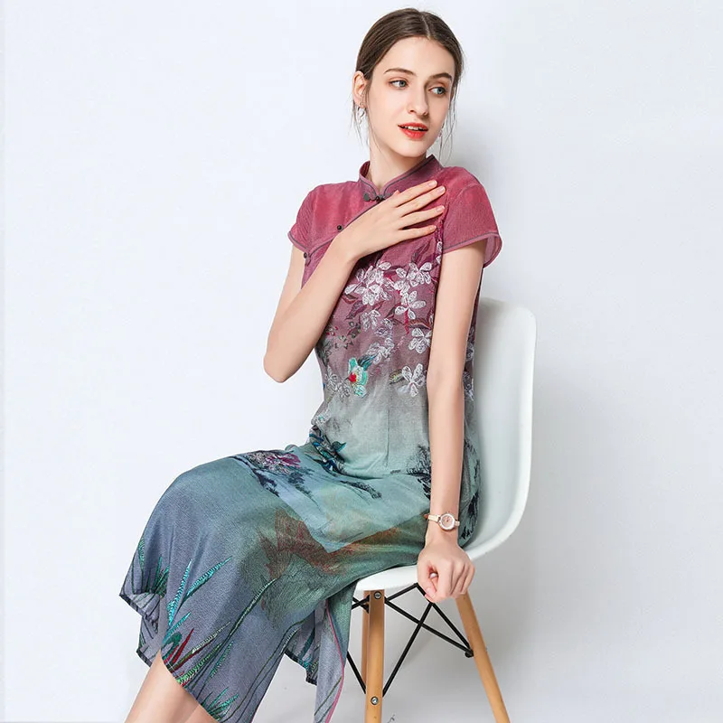 

blue gradient retro floral silk qipao dresses women 2020 summer long casual office work beach boho dress plus size dropship