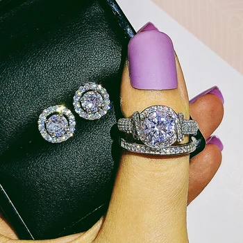 

925 Sterling Silver Jewelry set halo Engagement ring round stud earring for Wedding christmas Valentine's Day gift party J5564