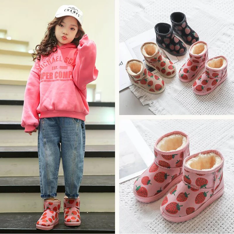 

Strawberry Pattern Children Boots Girls Winter Shoes Size 26-35 Non-slip Girls Warm Plush Ankle Snow Boots