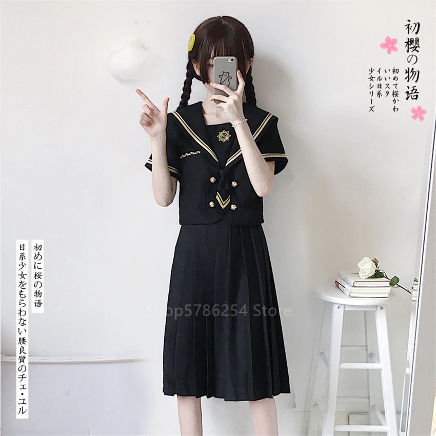 Japanese School Uniform Sailor Shirt Skirt Set Bad Girl Doll Black Gothic Solid Color Pleated JK Suit High School Student Outfit