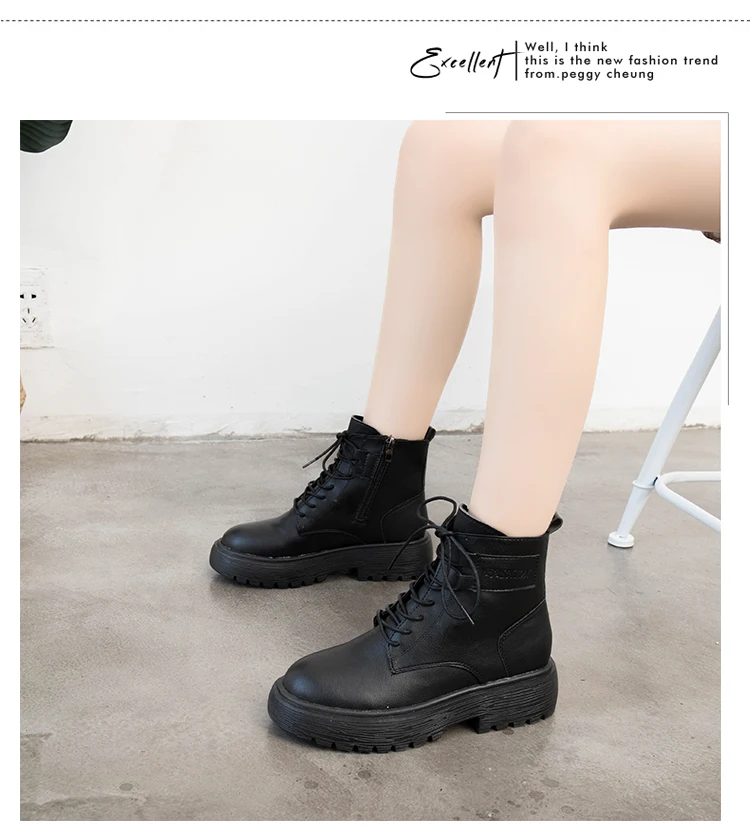 Lady Boots Rock Shoes Woman Low Heels booties Lace Up Winter Women Luxury Designer Round Toe Ladies Martins Rubber Mid-Calf