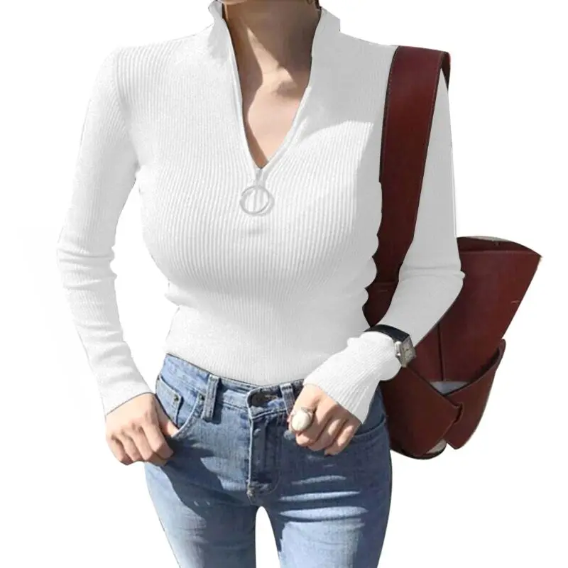 

Women Spring Autumn Long Sleeve 1/4 Zipper Circular Ring Crop Top Slim Rib-Knit Turtleneck Sweater Skinny Pullover Jumper Tops