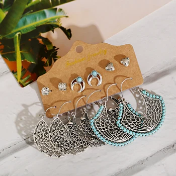

Retro Ethnic Style Geometric Alloy Hollow Fashion Earrings 6-Piece Set Alloy Bead Tassel Earrings 2020 Gypsy Jewelry Accessories