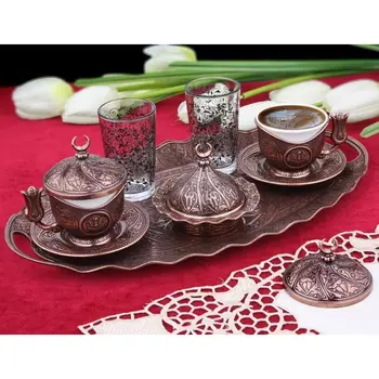 

Turkish Coffee Set For Two Person With Glasses Copper