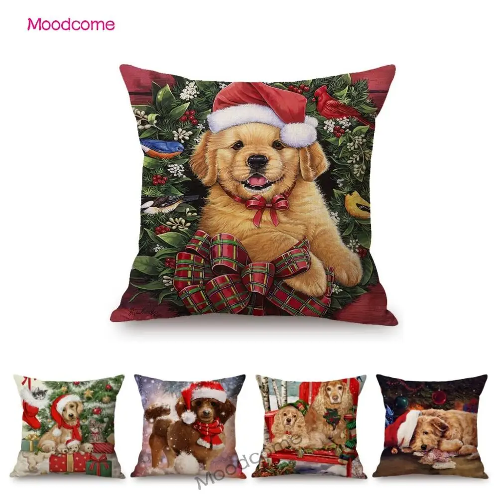 

Lovely Cute Puppy Dog with Christmas Hat Poodle Terrier Hound Shepherd Husky Decorative Sofa Pillow Case Linen Cushion Cover