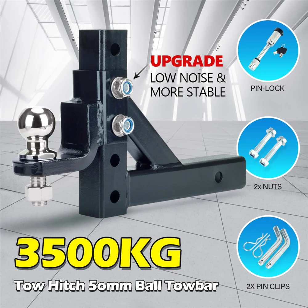 Adjustable Height Tow Hitch 50mm Ball Tow Bar Drop Mount Tongue Trailer for 2" Receiver 3500KG