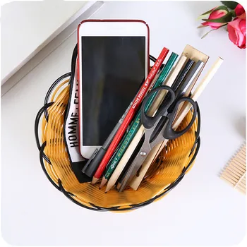 

Plastic Artificial Rattan Round Storage Basket Fruit Dish Rattan Bread Basket Sundry Container Office Supply Stationery Storage