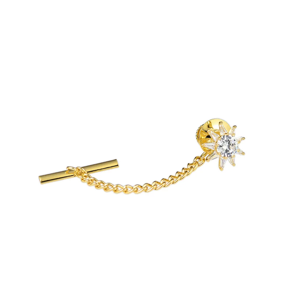 Obn Di Alta Qualità Cz Sun Flower Star Tie Tac Clutch Back Tie Tack Pin Con Catena Per Uomo