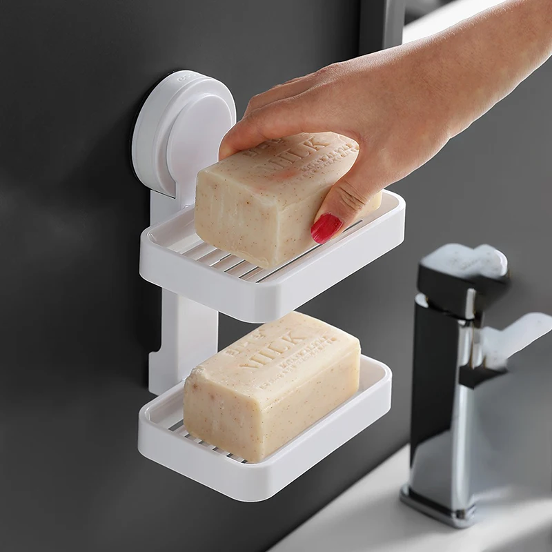 ECOCO Bathroom Suction Cup Soap Dishes Plastic Holders Wall-mounted Double-deck Creative Drainage Storage Double Racks |