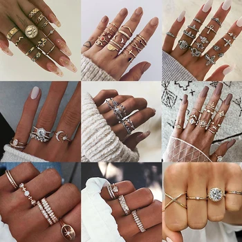 

KISSWIFE 11 Pcs/set Women Bohemian Vintage Serpentine Geometric Rings Set Crystal Gold Ring Simple Party Jewelry Gift Wholesale