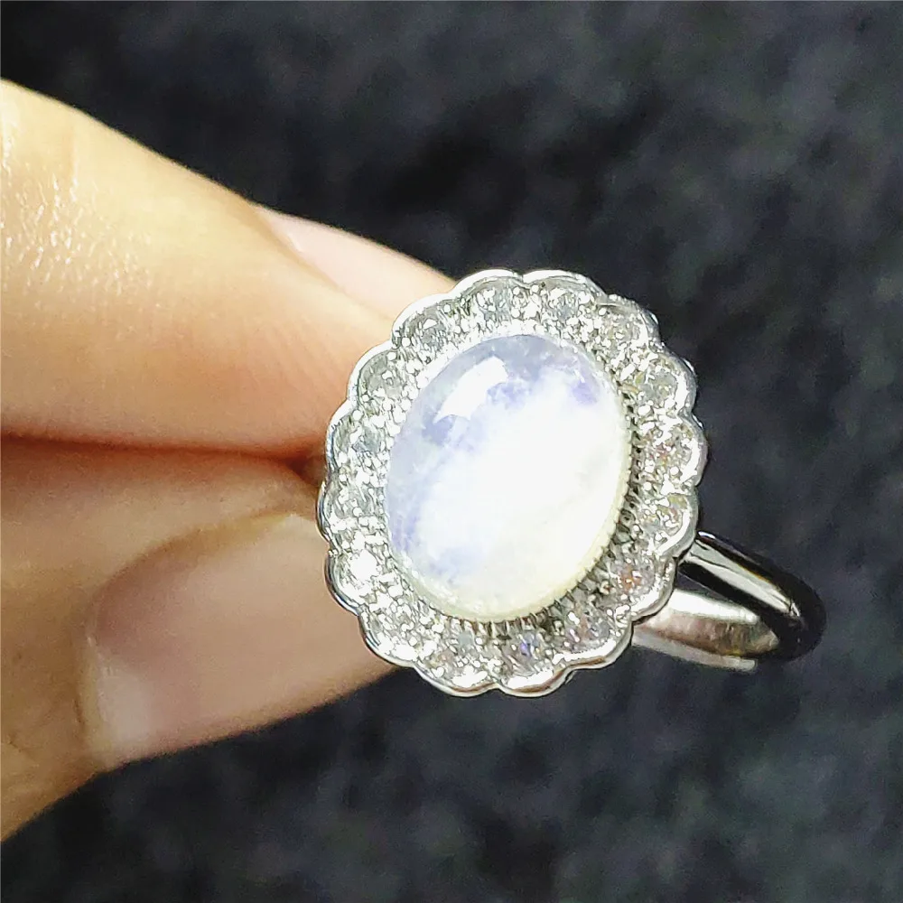 Natural Blue Light Moonstone Crystal Adjustable Ring All Size Women Men 9x7mm 925 Silver Love Gift Fashion Ring AAAAA