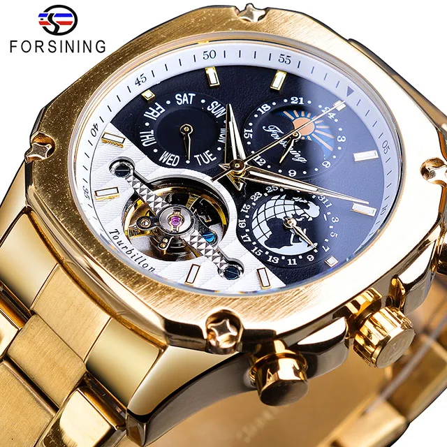 GMT1158-2 Forsining, автоматические часы, мужские, турбийон, механические, серебро, квадратный, нержавеющая сталь, Moonphase, мужские, с автоматическим заводом, Relogio Masculino - Цвет: GMT1158-2