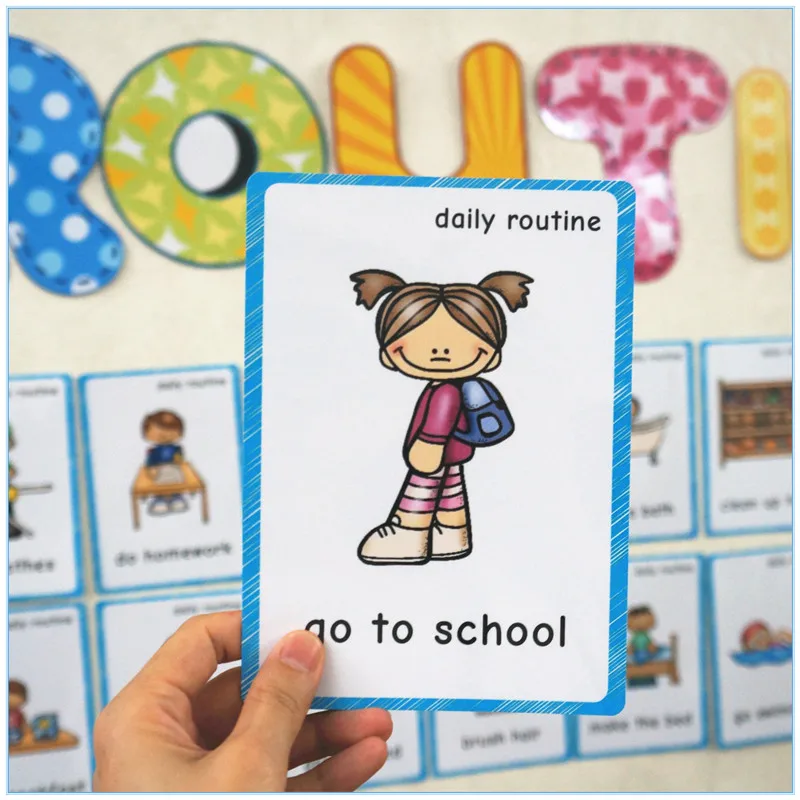 

46 Group Daily Routine English Kids Flash Cards Everyday Phrases Study Education Card Classroom Wall Decoration For Kindergarten