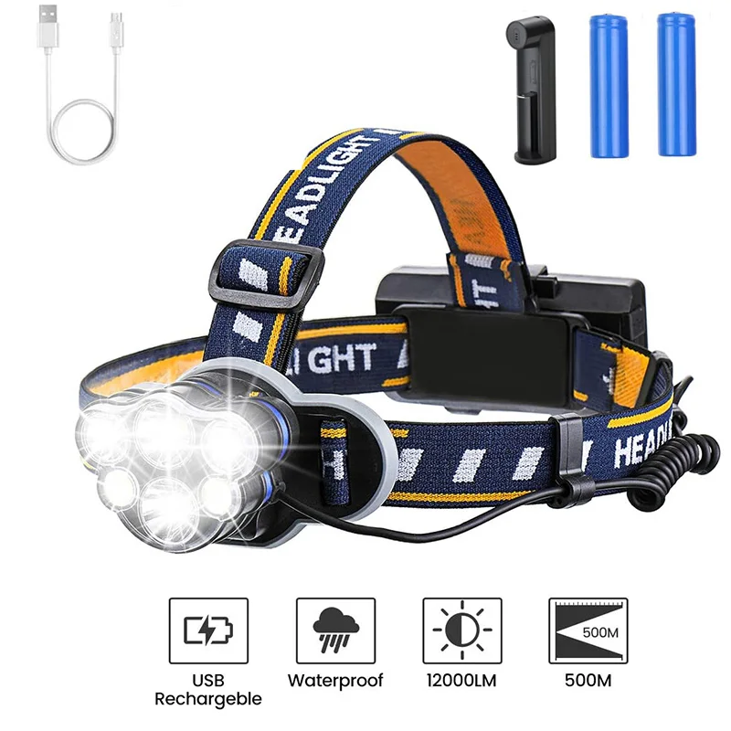 

Rechargeable Headlamp 1200 Lumen 6 LED 8 Modes USB Rechargeable Headlight Waterproof LED Head Torch Flashlight for Camp Fishing