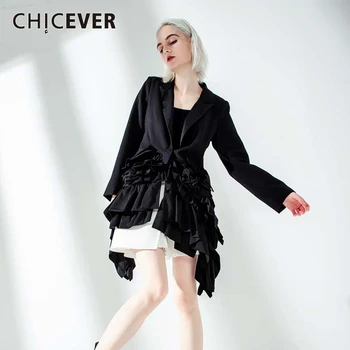 

CHICEVER Elegant Solid Blazer For Women Lapel Collar Long Sleeve Tunic Irregular Ruffles Jacket Female Fashion 2020 Clothing New